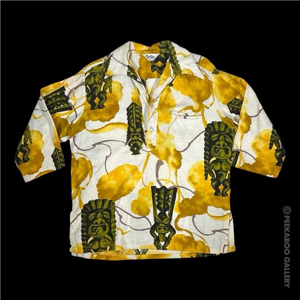 SVEN KIRSTEN KOLLECTION - MOD 1960s GREEN & YELLOW TIKI MEN'S LANAI SHIRT.