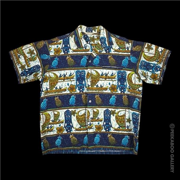 SVEN KIRSTEN KOLLECTION - MOD 1960s OUTRIGGER TIKI PINEAPPLE STRIPED MEN'S SHIRT.