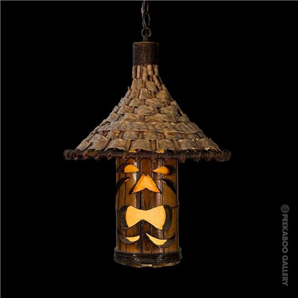 ORIGINAL ORCHIDS OF HAWAII HOODED TIKI BAMBOO SWAG LAMP.