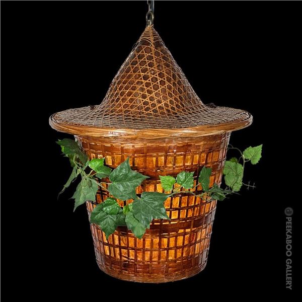 HANGING TIKI BASKET SWAG LAMP w/ WIDE SHADE.