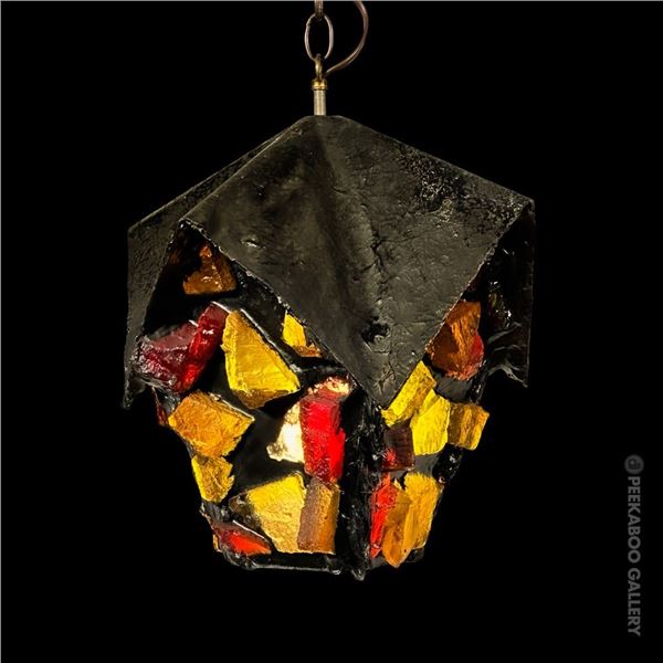 ORIGINAL 1960s ORANGE CHUNK RESIN HUT SWAG LAMP w/ GABLED ROOF.