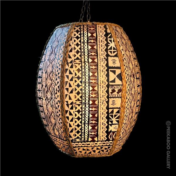 LARGE OCEANIC ARTS #2330 "TAPA BARREL LIGHT" TIKI SWAG LAMP.