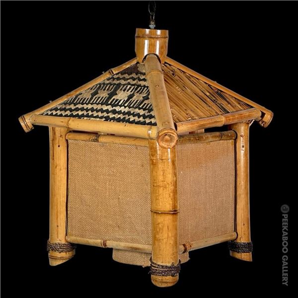 OCEANIC ARTS #2383 "TAHITIAN HUT SHADE" BAMBOO HANGING RESTAURANT LAMP.