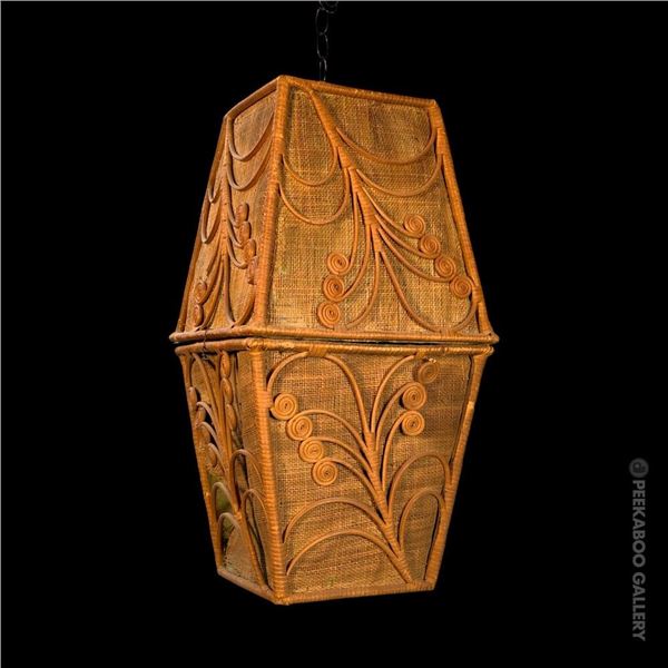 GEOMETRIC TROPICAL BASKET TIKI SWAG LAMP FROM AKU-AKU, Massachusetts.