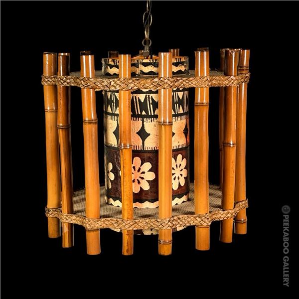 VINTAGE ORCHIDS OF HAWAII - "BAMBOO & TAPA DRUM" TIKI SWAG LAMP FROM HAWAII KAI, TEXAS .