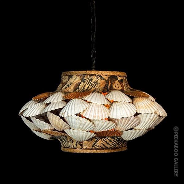 SEA & JUNGLE BARBARA TOBECKSON SCALLOP SHELL & TAPA HANGING SWAG LAMP.