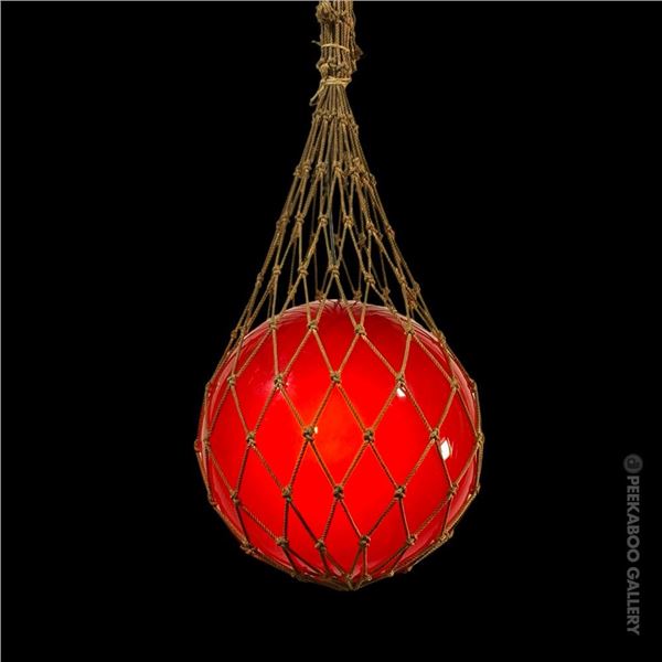 INCREDIBLE LARGE 16" DIAMETER - RUBY RED GLASS FISH FLOAT LAMP FROM "THE LUAU" BEVERLY HILLS.