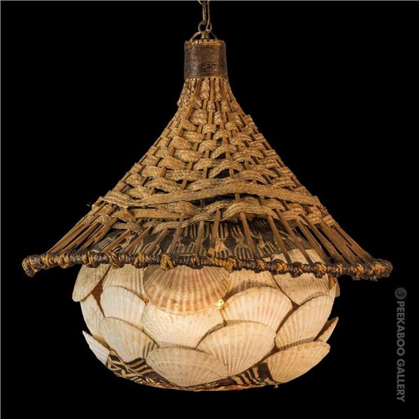 RARE - LUAU BEVERLY HILLS SALVAGE - SEA & JUNGLE - "BAKE SHELL HANGING LAMP w/ HUT TOP FROM OA.
