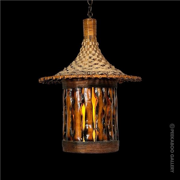 RARE SEA & JUNGLE BAMBOO CYLINDER WOODEN SWAG TIKI LAMP w/ SHADE.