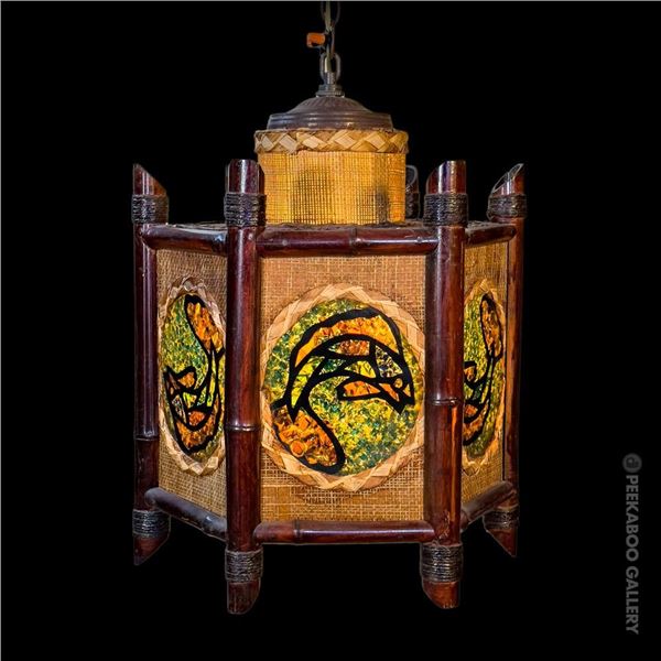 VINTAGE ORCHIDS OF HAWAII HANGING BAMBOO TIKI LAMP w/ FISH PANELS.