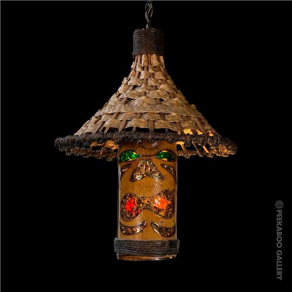 ORIGINAL ORCHIDS OF HAWAII HOODED TIKI BAMBOO SWAG LAMP.