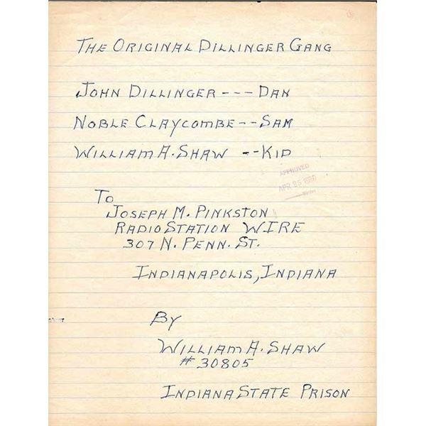 John Dillinger Gang Member William A. Shaw Signed manuscript