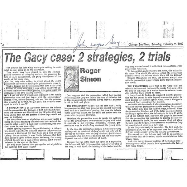 Killer Clown John Wayne Gacy Signed Chicago Sun-Times Article