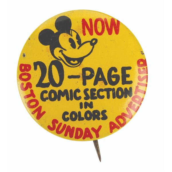 A Mickey Mouse Boston Sunday Comic Strip Button.