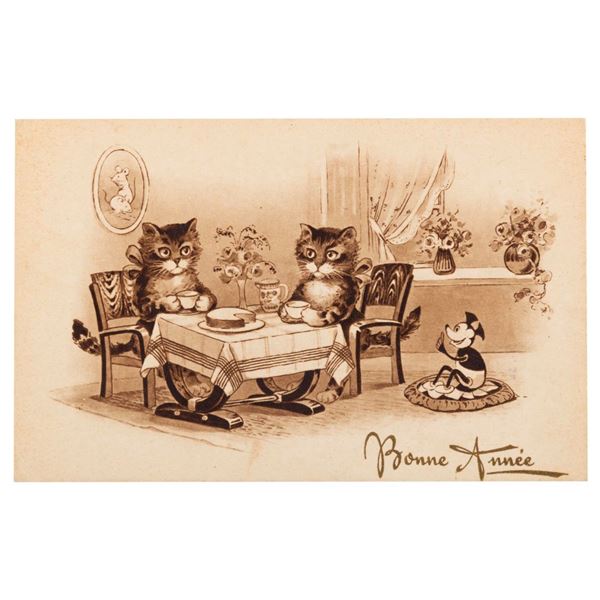 A French New Years Postcard with Cats and Mickey Mouse.