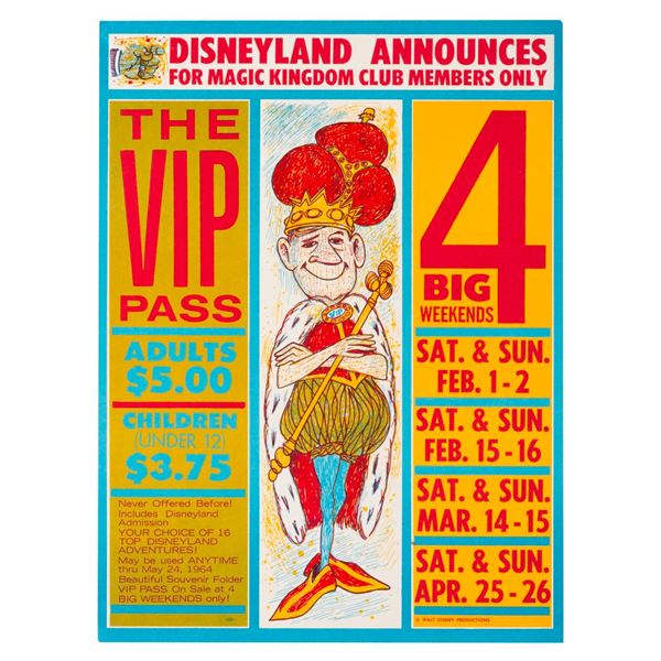 A 1960s Disneyland Magic Kingdom Club VIP Pass Flyer.