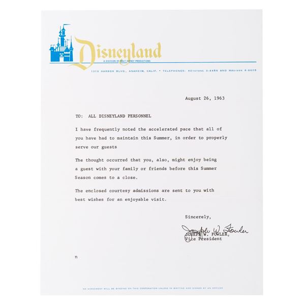 A Disneyland Personnel Letter.