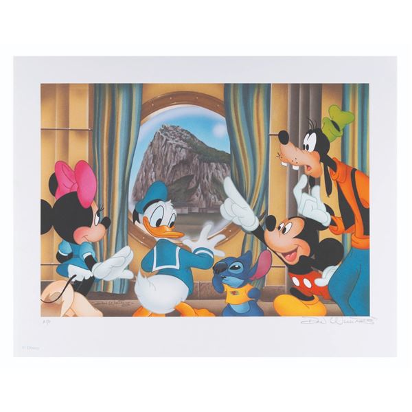A Disney Cruise Lines "Mickey And The Gang Reach The Rock" Litho by Don Williams.