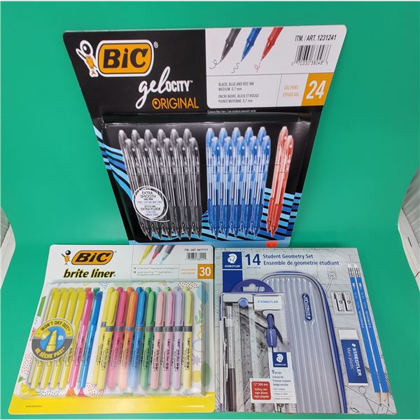 Staedtler Geometry Set, Bic Gelocity Pens, & Bic Brite Liner Highlighters