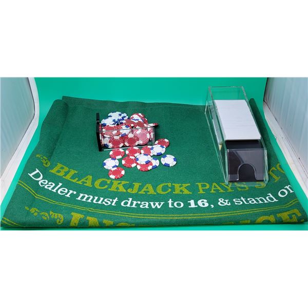 Blackjack Felt Mat, Chips, & Dealer Shoe