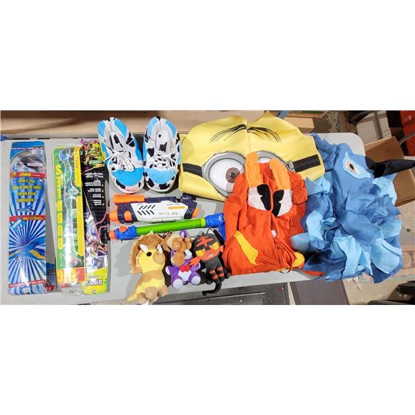 Lot of Assorted Toys w/ Bird Kite, Animal Sweater, Plush Toys, & More