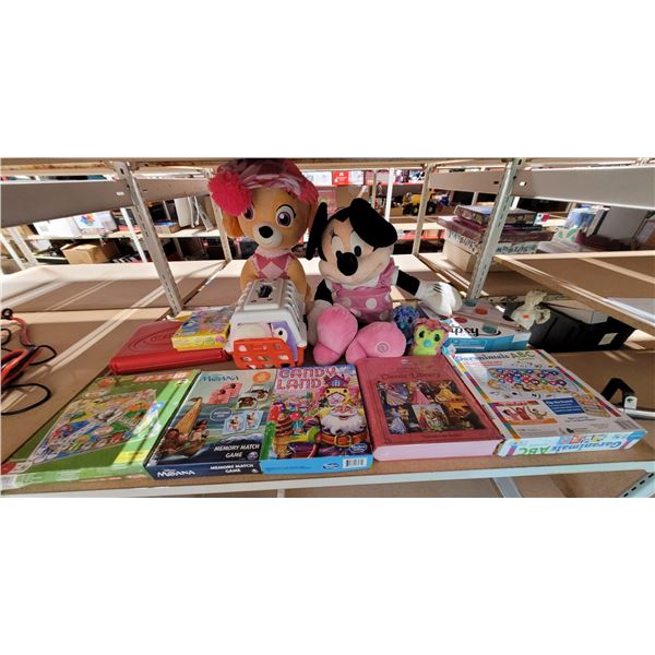 Lot of Assorted Toys w/ Plush Toys, Moana Memory Match Game, Disney Princess Classic Library, & More