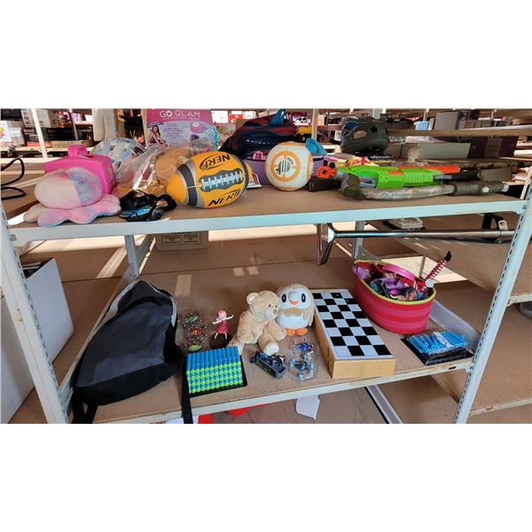 Lot of Assorted Toys w/ Plush Toys, Nerf Football, Foam Bullets, & More