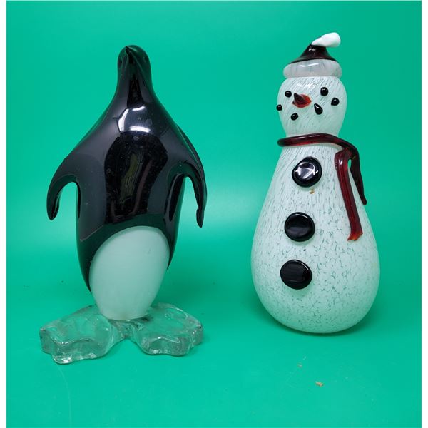 2 Art Glass Figurines (Penguin & Snowman)