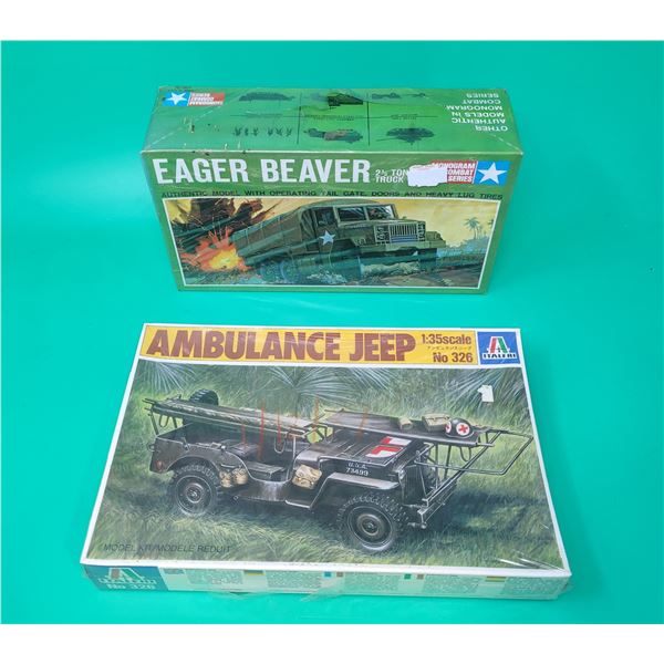 2 Sealed Military Model Kits w/ Eager Beaver & Ambulance Jeep