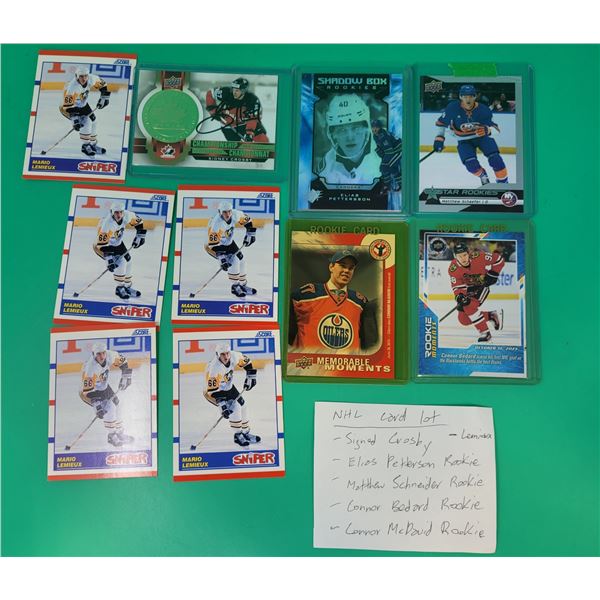 NHL Card Lot w/ Signed Sidney Crosby Card, Assorted Rookie Cards (McDavid, Bedard, Schneider, & Pett