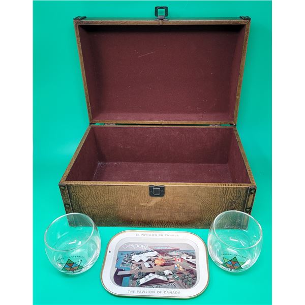 Felt-Lined Box, Pavillion of Canada Tray, & 2 Canada Centennial Glasses