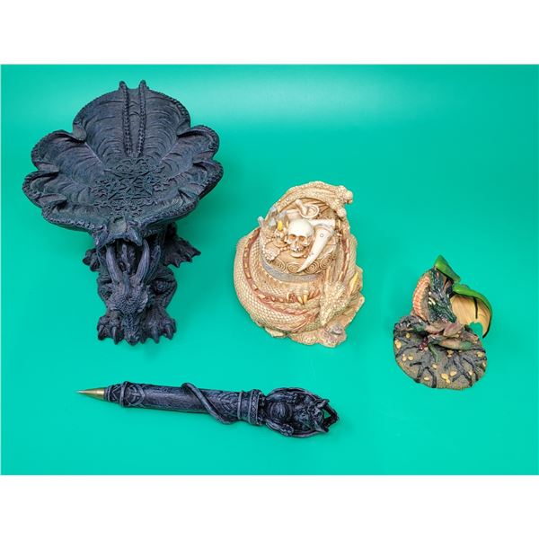3 Dragon Figurines & Pen