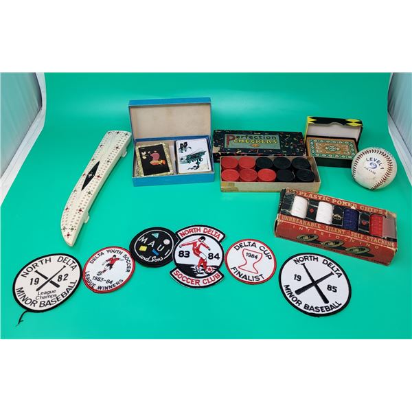 Lot of Playing Cards, Crib Boards, Poker Chips, & Patches