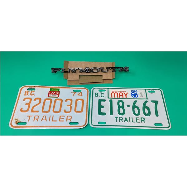 Plymouth Emblem & 2 Trailer License Plates