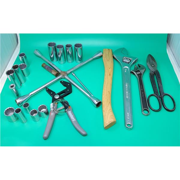 Lot of Assorted Tools w/ Tire Iron, Sockets, Adjustable Wrench, & More