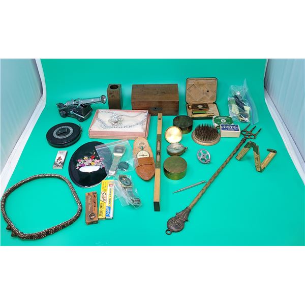 VTG Variety Lot w/ Indigenous Headband, Rhinestone Jewelry, Compass, & More