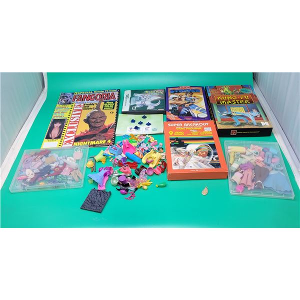 Variety Lot w/ Assorted Polly Pocket Clothes, Fangoria Magazines, Pokemon Pearl for DS, Atari Game, 