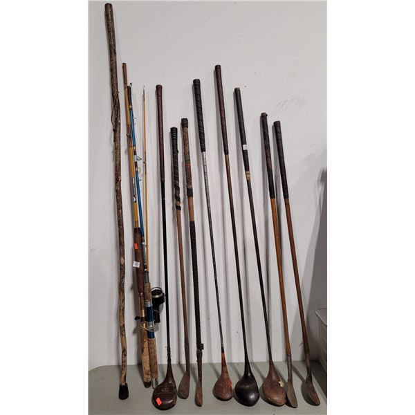 VTG wooden golf clubs and fishing rods