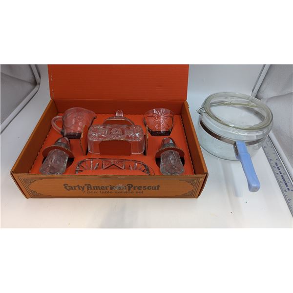 Early American Prescut 7 Pc. Table Service Set & Pyrex Saucepan