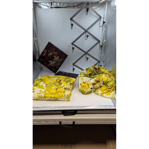 Decor Lot w/ Linens, Wall Shelves, & Ruler Accordion Hook Rack