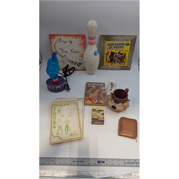 VTG Variety Lot w/ Tasmanian Devil Cup, Bowling Pin, Circus Elephant Plasma Lamp, & More