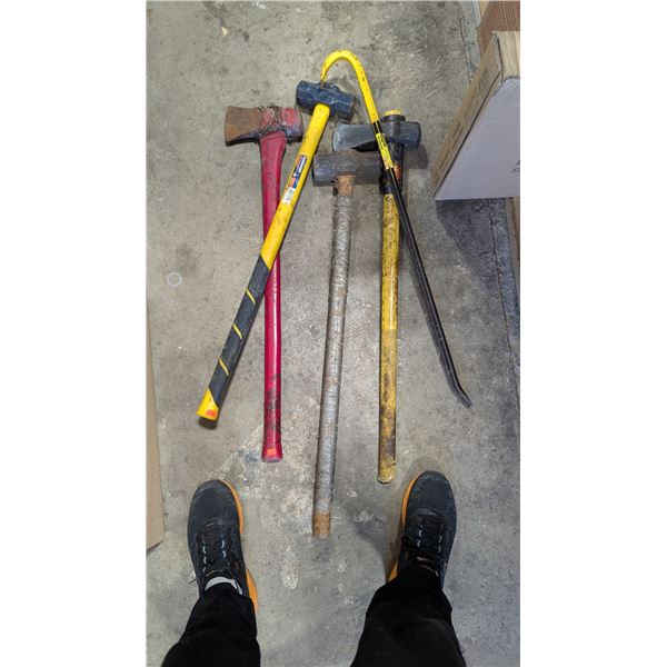 Tool Lot w/ Axes, Hammers, & Crowbar