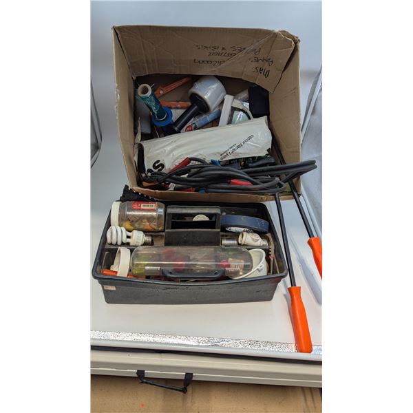 Assorted Tool Lot w/ Jumper Cables, Caulking Gun, Tape, Pry Bar, & More