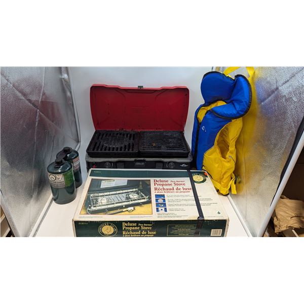 Outdoors Lot w/ Personal Flotation Device, 2 Propane Stoves, & 2 Small Propane Tanks