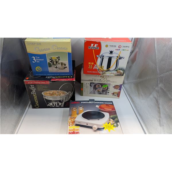 Kitchen Lot w/ Portable Cooking Range, Gourmet Buffet, 3 Tier Steamer Set, & More