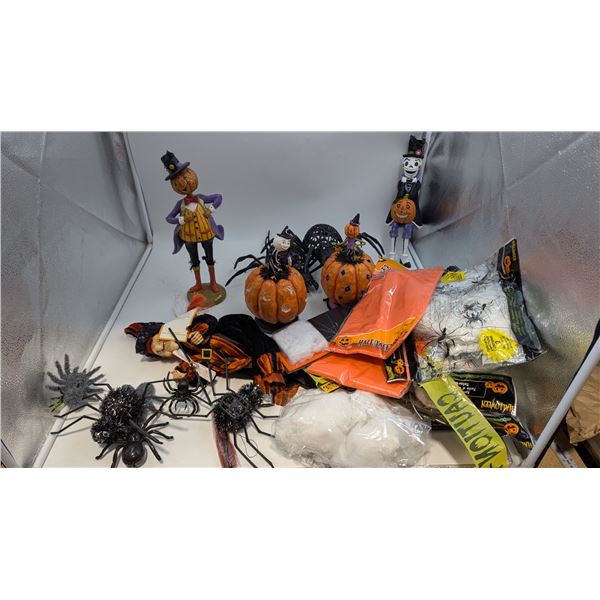Halloween Decor Lot w/ Figurines, Spider Webs, & More