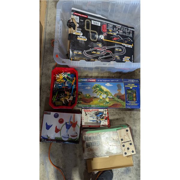 Lot of Assorted Toys w/ Giant Dominos, Laser Pegs T-Rex, Racing Track, & More