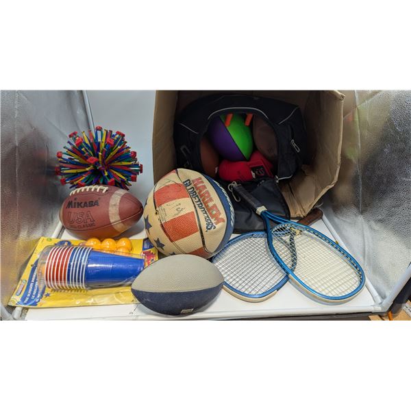 Sporting Goods Lot w/ Beer Pong Set, Tennis Rackets, Footballs, & More