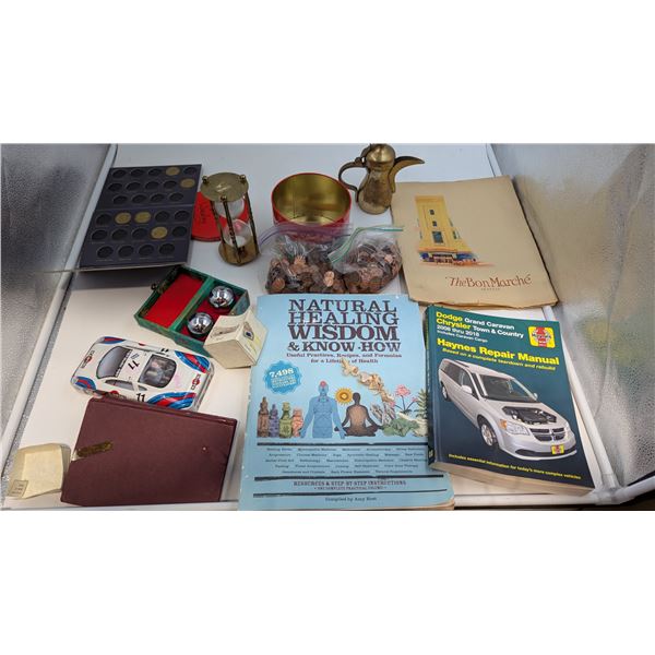 Variety Lot w/ Natural Healing Book, Automobile Repair Manual, Assorted Coins, & More