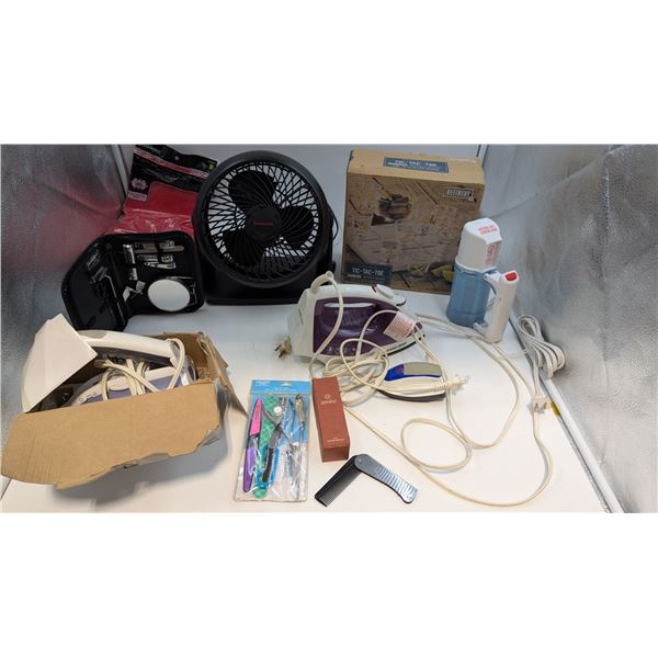 Variety Lot w/ Desk Fan, Irons, Tic Tac Toe Glasses Set, & More